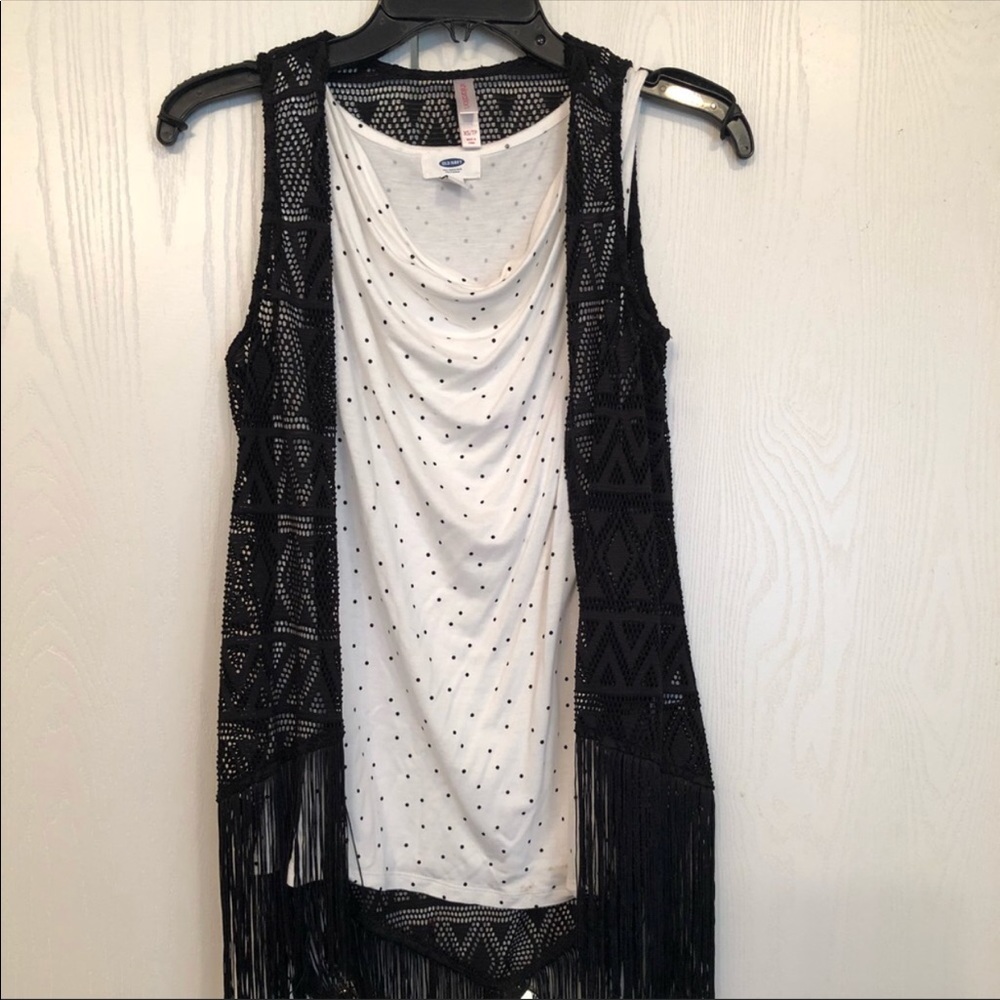 Women’s black lace vest with fringe on the bottom